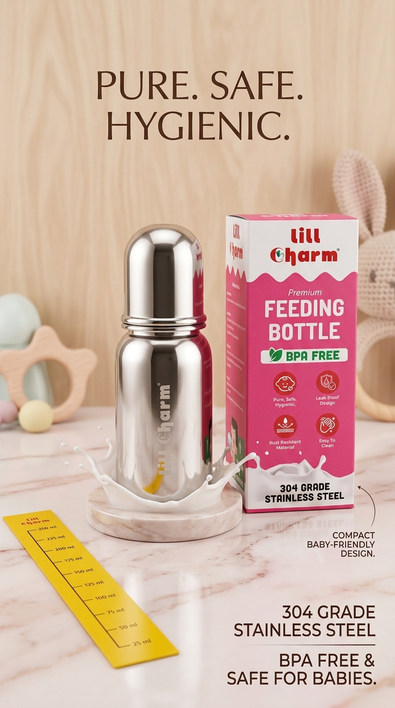 Stainless Steel Feeding Bottle with Measuring Scale Combo | BPA-Free 304 Grade Steel | Leak-Proof & Safe